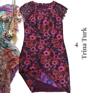 Trina Turk Pink Floral Lace Cap Sleeve Dress Sz 4